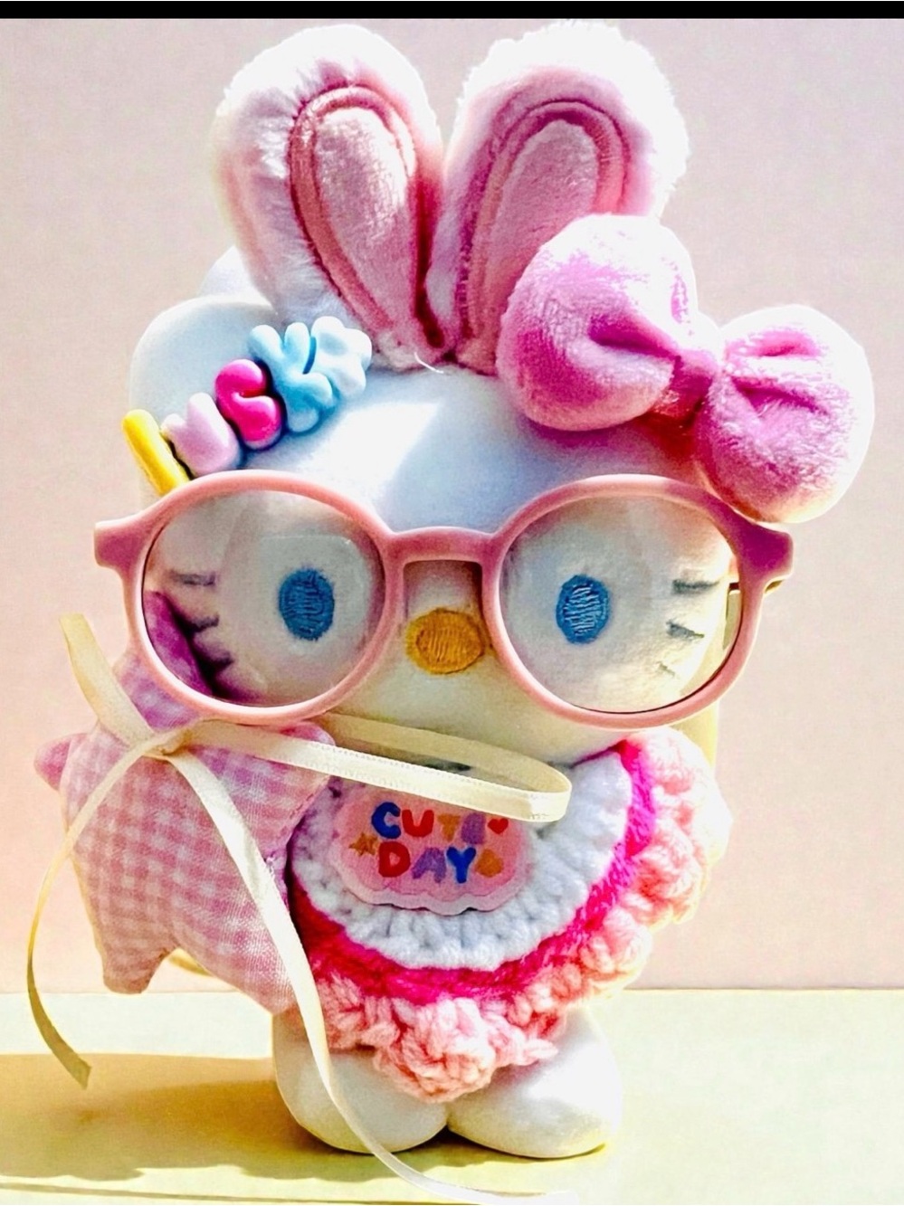 Hello Kitty Plush Bunny with Pink Bow and Glasses Dangler